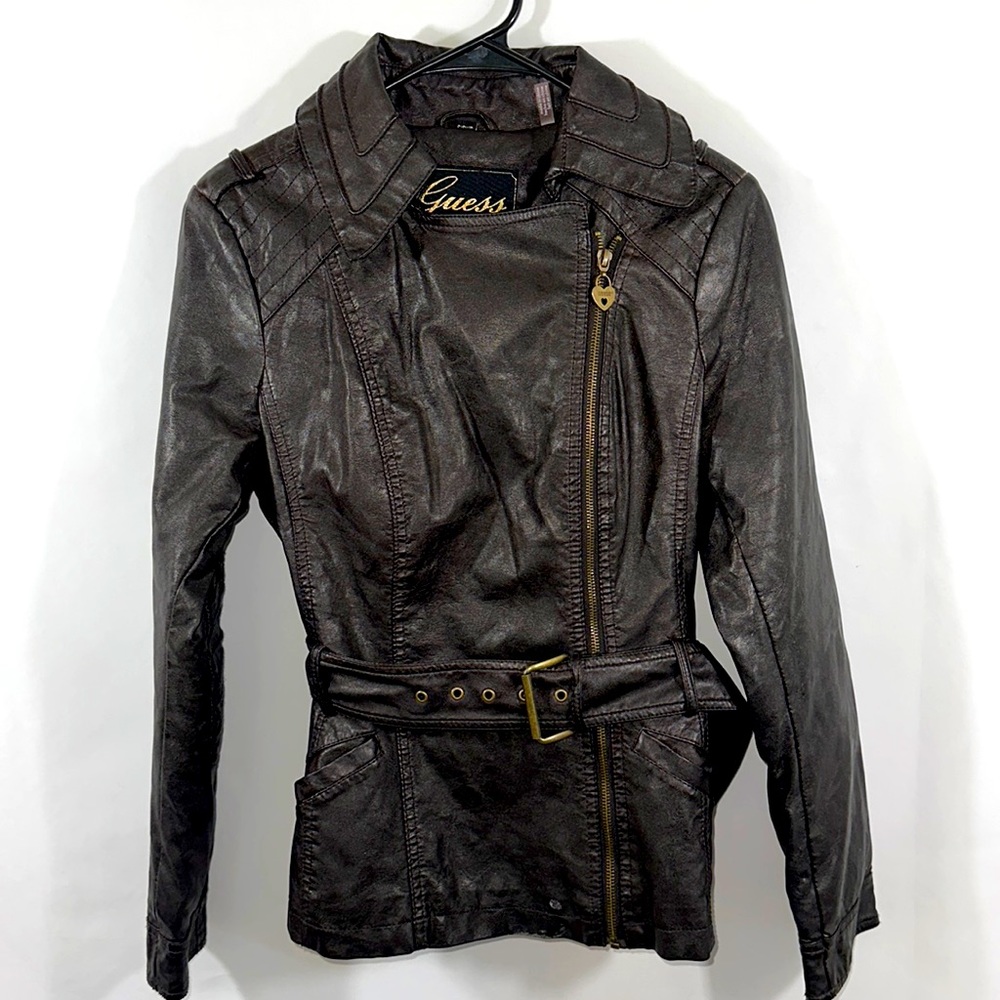 Guess Faux Leather Jacket Dark Brown (almost black) Size Small Y2K